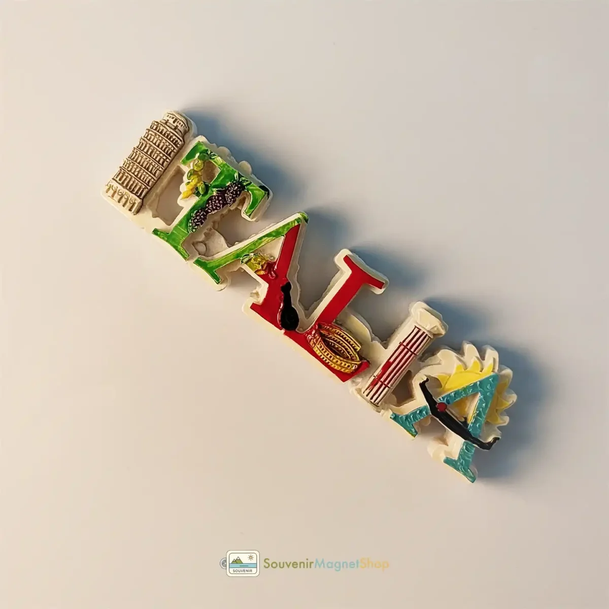 Italy letters landmark fridge magnet right angled view.