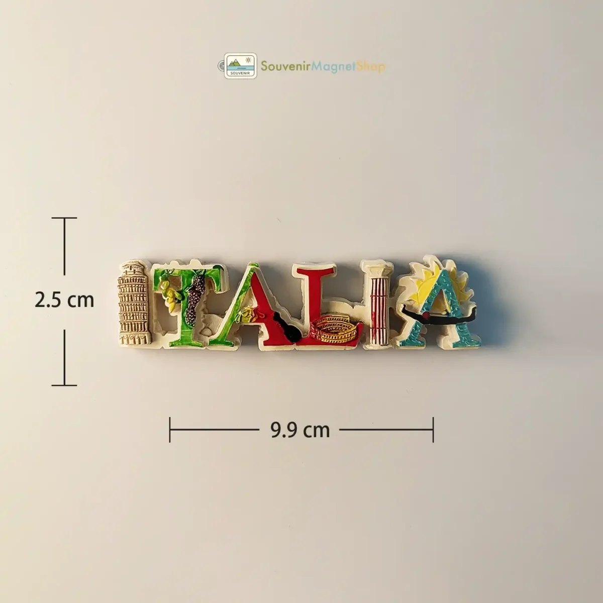 Italy letters landmark fridge magnet size dimensions.