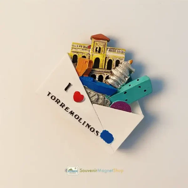 Spain Torremolinos creative landmarks envelope magnet right view.