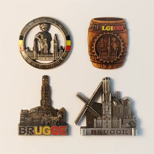 Belgium Brussels and Bruges landmarks fridge magnet set front view.