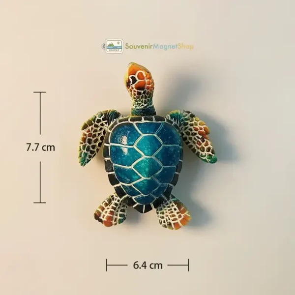 Blue sea turtle souvenir fridge magnet showing its size design