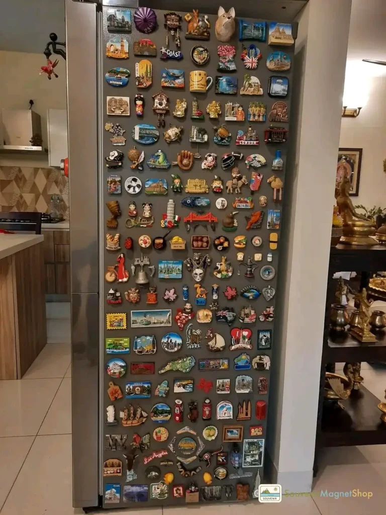 Classic fridge magnet display with travel souvenir magnets