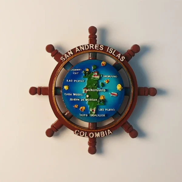Colombia San Andrés Islands ship helm map fridge magnet front view.