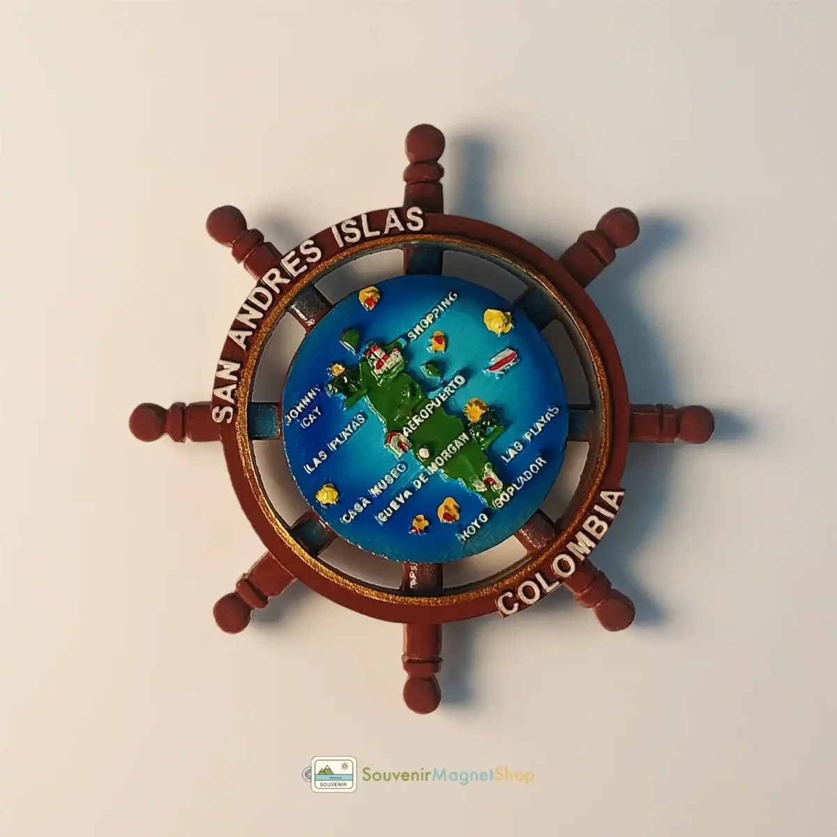 Colombia San Andrés Islands ship helm map fridge magnet left side view.