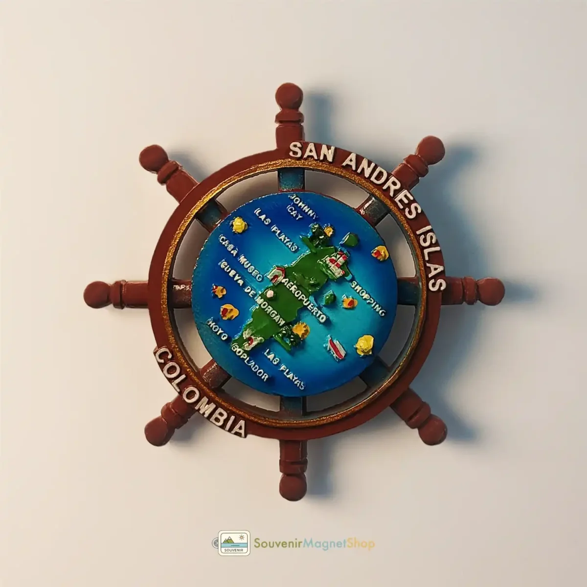 Colombia San Andrés Islands ship helm map fridge magnet right side view.