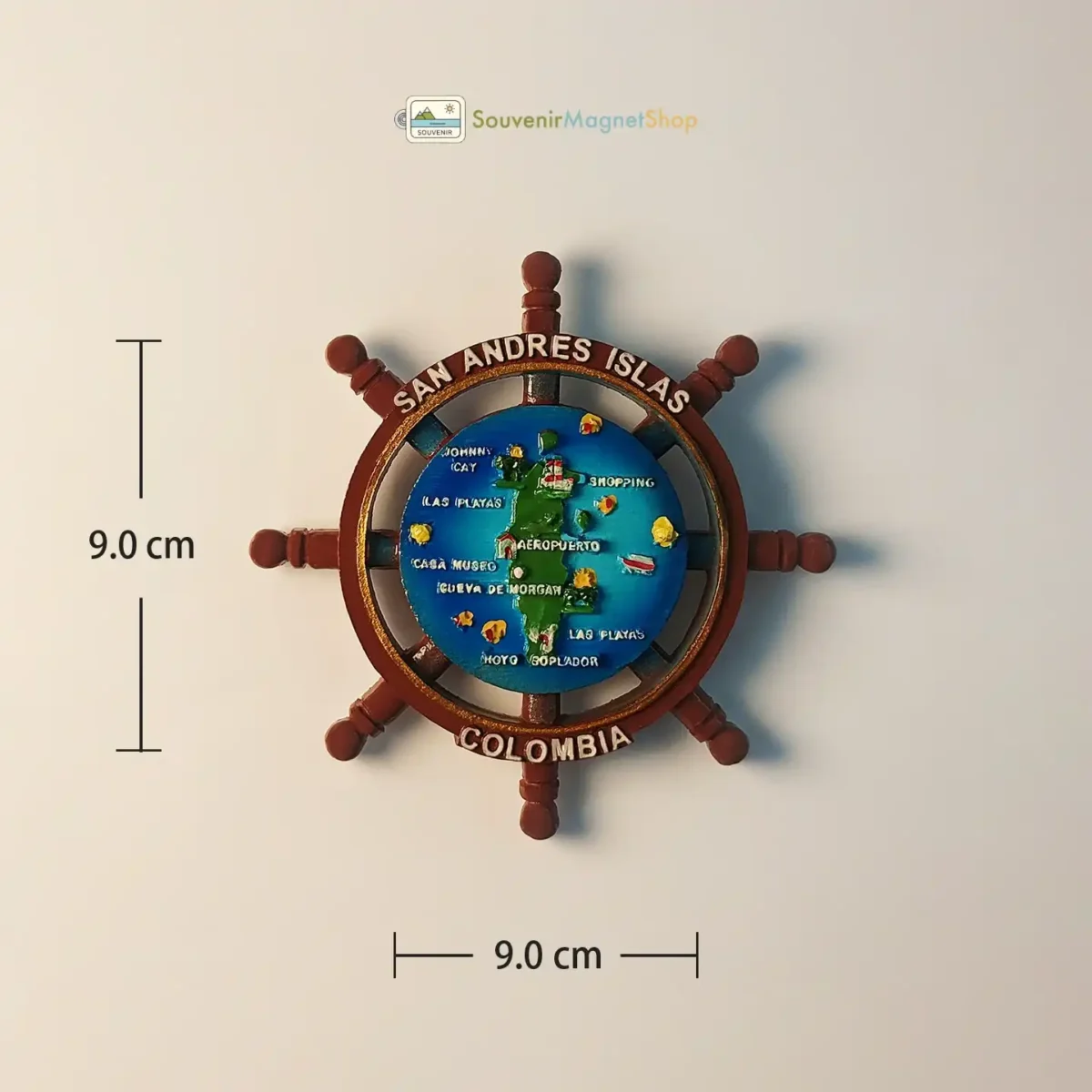 Colombia San Andrés Islands ship helm map fridge magnet showing size dimensions.