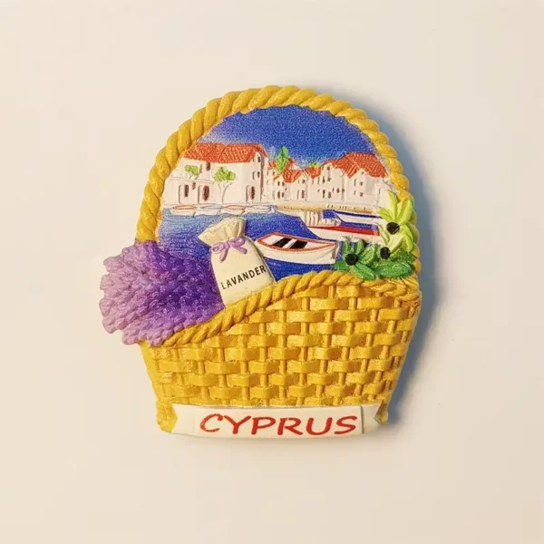 Cyprus flower basket coastal scene fridge magnet front view.