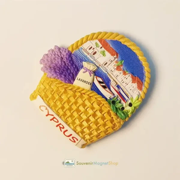 Cyprus flower basket coastal scene fridge magnet right side view.