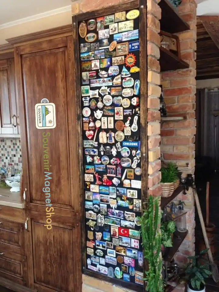 Rustic magnet display on brick wall with wooden frame
