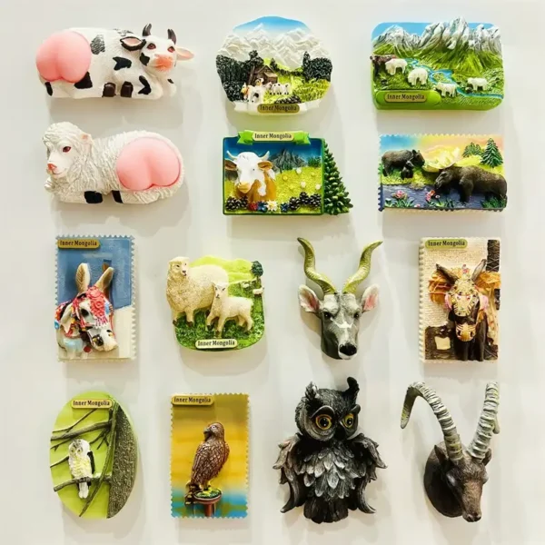 Inner Mongolia grassland animals fridge magnet collection front view.