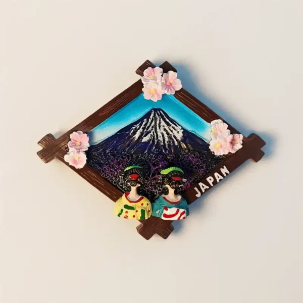Japan Mount Fuji kimono women wooden frame fridge magnet front view