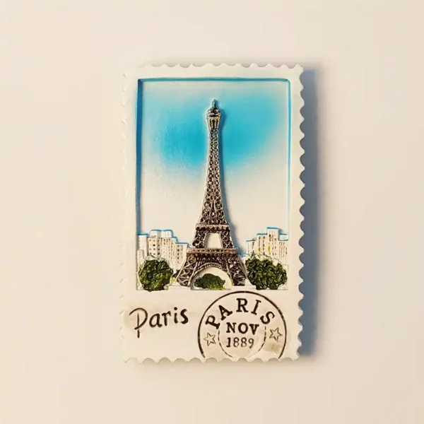 France Paris Eiffel Tower postage stamp fridge magnet front view.