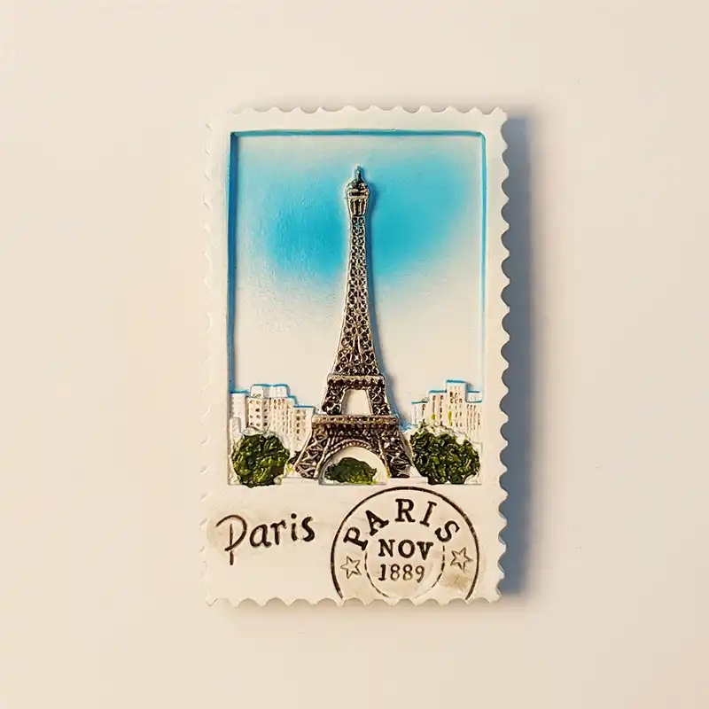 paris-eiffel-tower-stamp-magnet-front France Paris Eiffel Tower postage stamp fridge magnet front view.