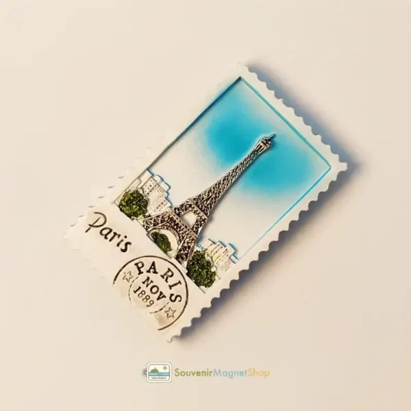 France Paris Eiffel Tower postage stamp fridge magnet right side view.