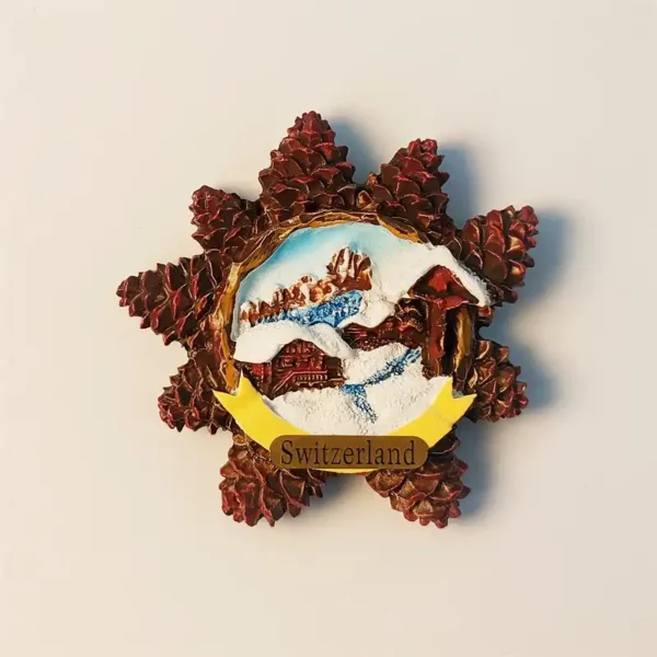 Switzerland Alpine snow hut pinecone fridge magnet front view