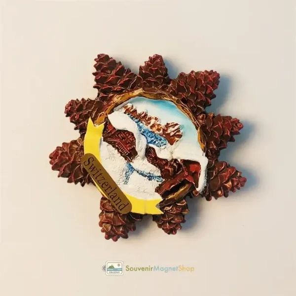Switzerland Alpine snow hut pinecone fridge magnet right view