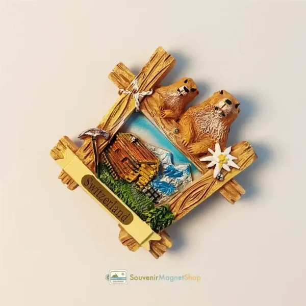 Switzerland Alps Edelweiss and Marmot fridge magnet right view.