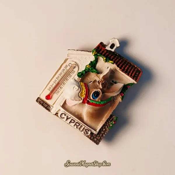 Unique Cyprus donkey house thermometer magnet, a perfect travel gift showcasing Cypriot culture.