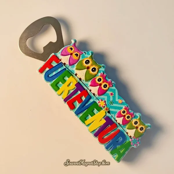 Angled perspective of the Fuerteventura owl-themed souvenir magnet, highlighting the textured design.