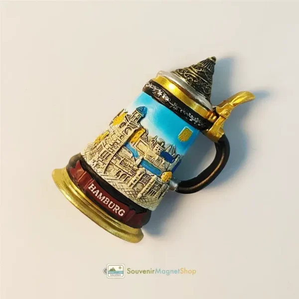 Close-up detail of Hamburg Beer Stein souvenir magnet highlighting hand-painted color craftsmanship