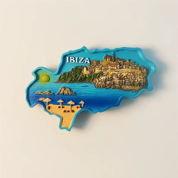 Front view of Ibiza 3D island map fridge magnet featuring Dalt Vila old town and scenic beach umbrellas.