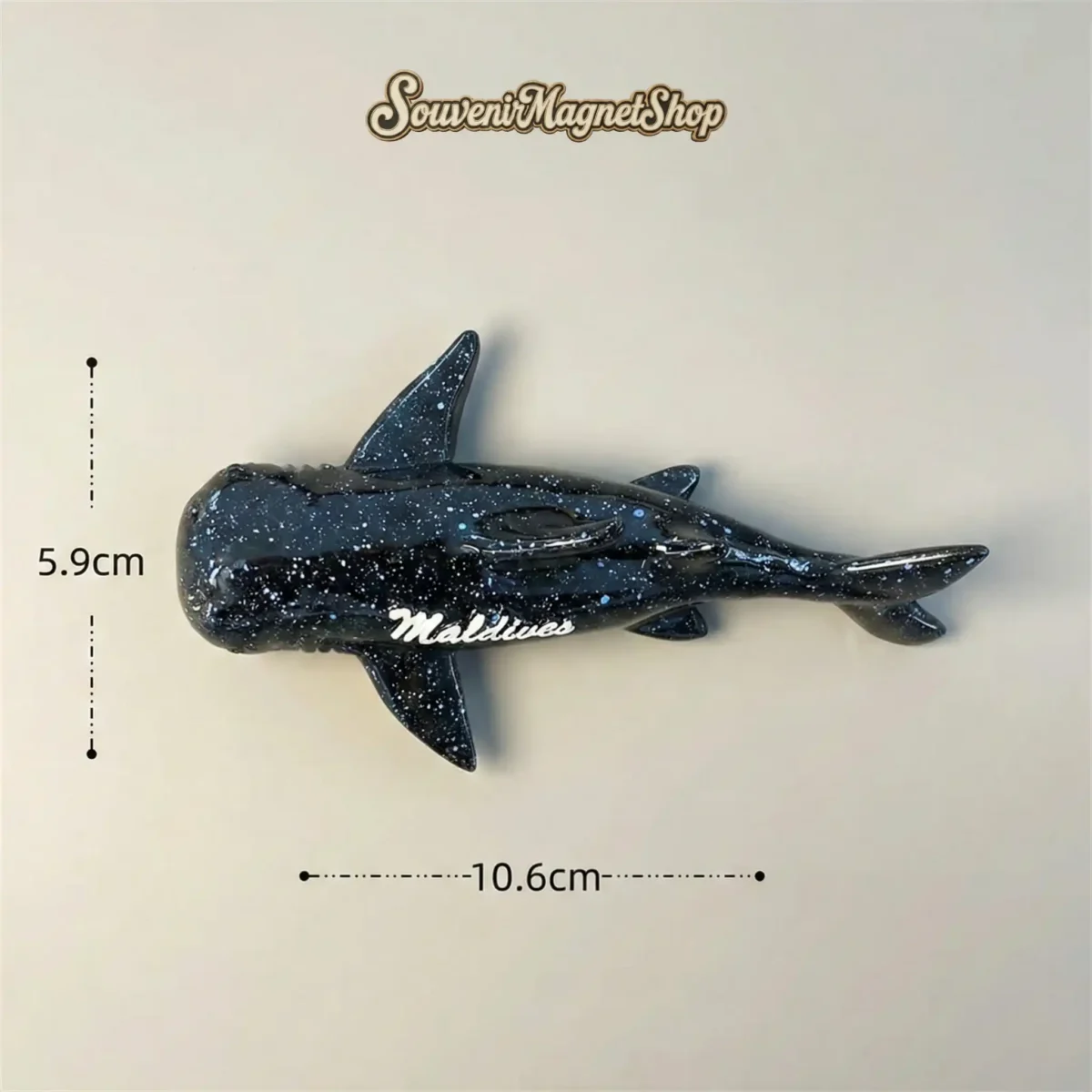 Product size and dimension reference for Maldives Whale Shark fridge magnet - 10.6cm length travel gift measurements