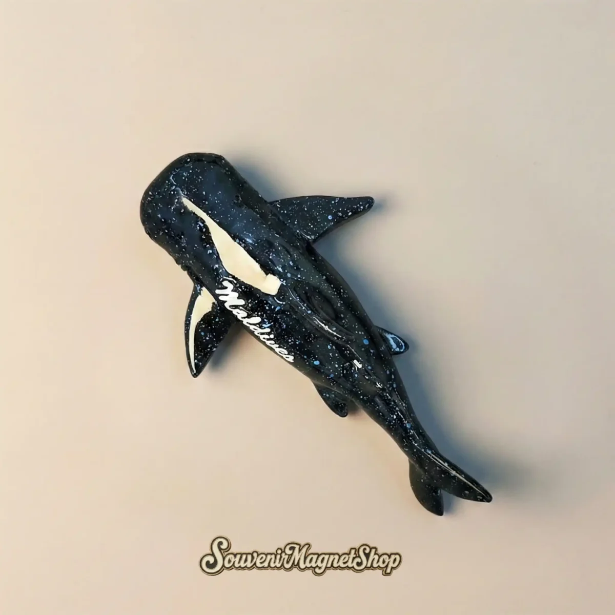 Close-up detail of Maldives Whale Shark souvenir magnet highlighting hand-painted galaxy-like patterns