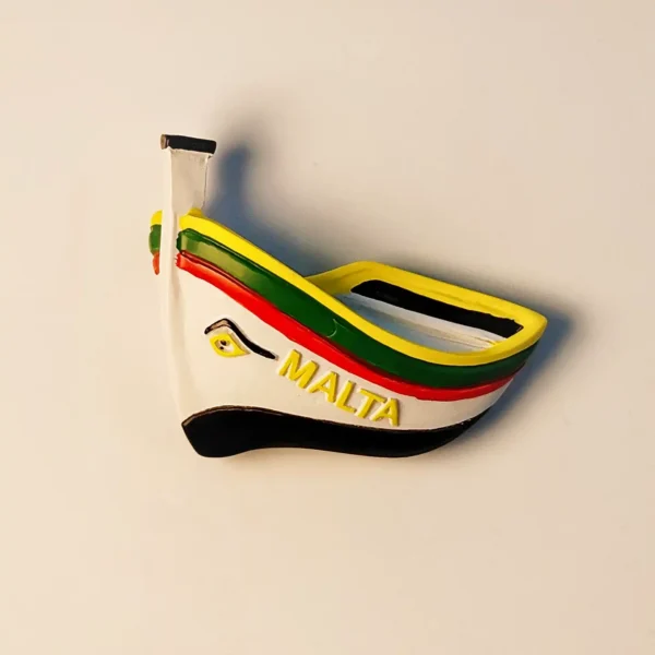 Front view of a colorful hand-painted Malta Luzzu boat fridge magnet with the Eye of Osiris and "MALTA" text.
