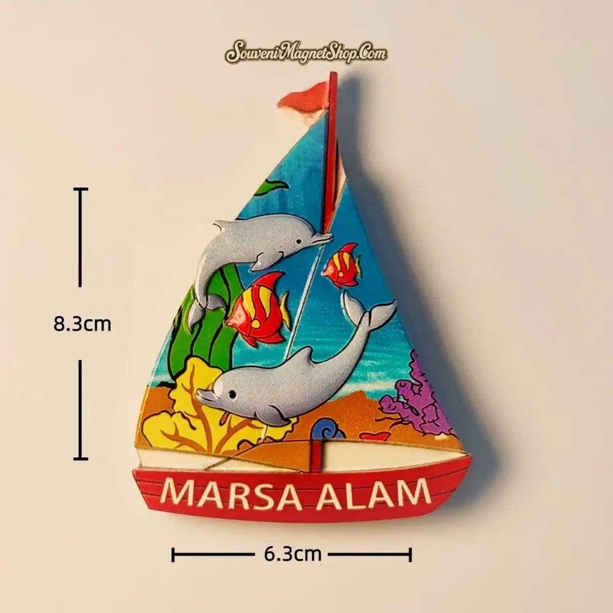 Product size and dimension reference for Marsa Alam dolphin sailboat fridge magnet - Travel gift measurements