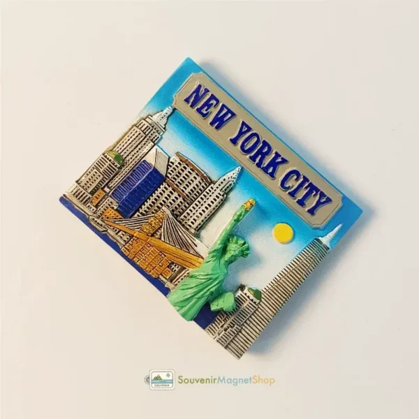 Close-up detail of New York City Statue of Liberty Skyline souvenir magnet highlighting hand-painted color craftsmanship