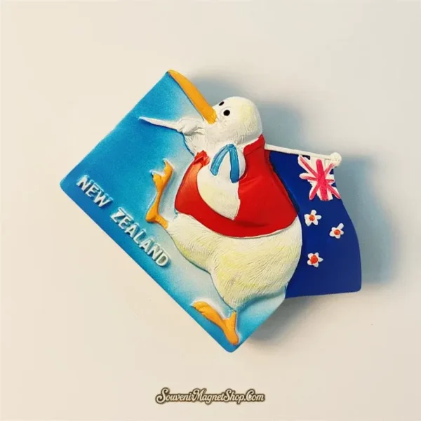 Unique New Zealand Kiwi bird and flag travel gift magnet, showcasing its artistic design and bold colors against a white background.