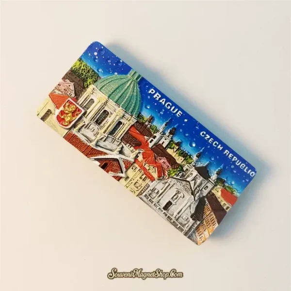 Romantic Prague travel gift magnet with a creative painted night scene and textured cityscape details.