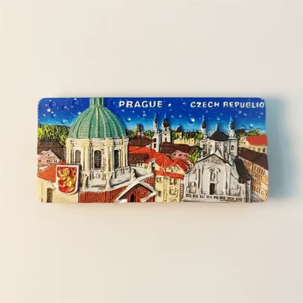 3D hand-painted Prague fridge magnet featuring a starry night cityscape with historic red roofs and green domes.