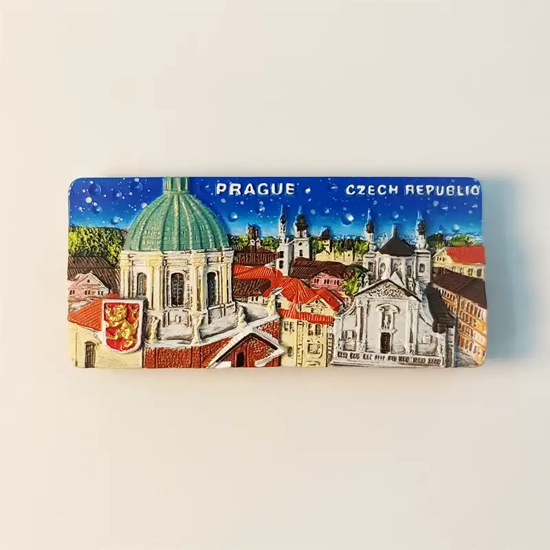 3D hand-painted Prague fridge magnet featuring a starry night cityscape with historic red roofs and green domes.