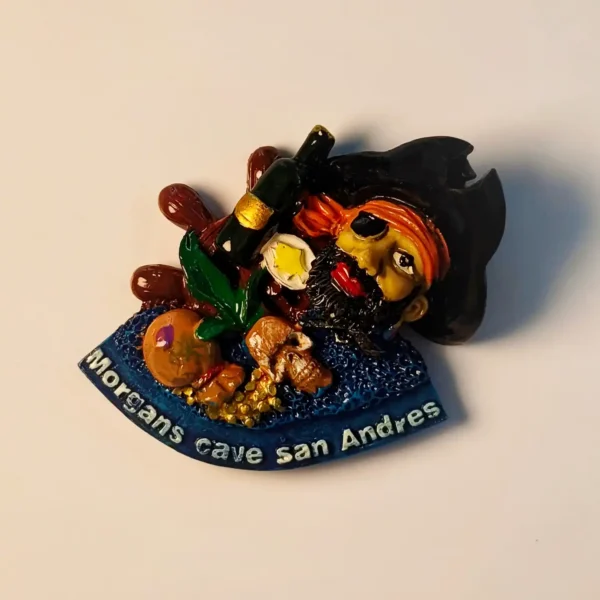 3D resin fridge magnet featuring a pirate, skull, and rum bottle design from Morgan's Cave, San Andres Island.
