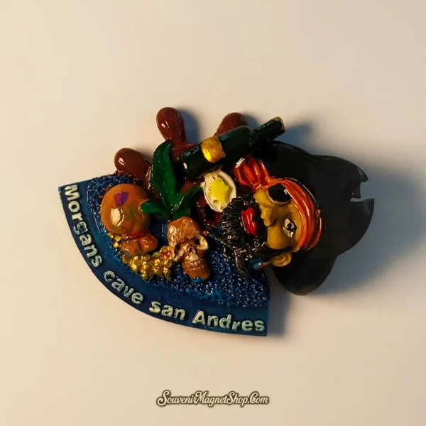 Caribbean-themed pirate souvenir magnet with treasure chest and ship wheel elements.