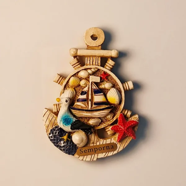3D resin Semporna Sabah fridge magnet featuring a vintage anchor, sailboat, and seagull design.