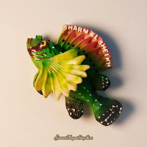 Unique hand-painted lionfish travel gift magnet, ideal as a keepsake from Sharm El Sheikh, Egypt, displaying its marine beauty.