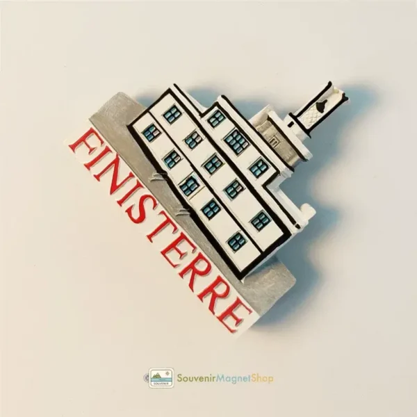 Close-up detail of Spain Finisterre Lighthouse souvenir magnet highlighting hand-painted color craftsmanship