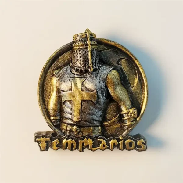 Hand-painted 3D Spain Knights Templar fridge magnet featuring a detailed Crusader in silver and gold armor.