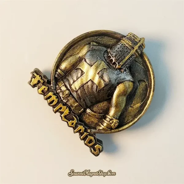 Medieval-themed Spain Knights Templar travel gift magnet with a textured metallic finish and Templarios inscription.