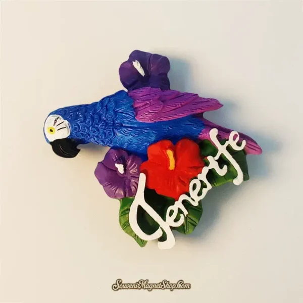 Colorful Tenerife parrot and flower magnet, a perfect travel gift or keepsake from the Canary Islands.