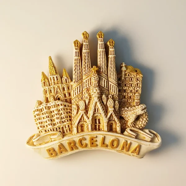 Front view of a vintage 3D Barcelona fridge magnet featuring the Sagrada Familia and Gaudi architectural landmarks in cream and gold.