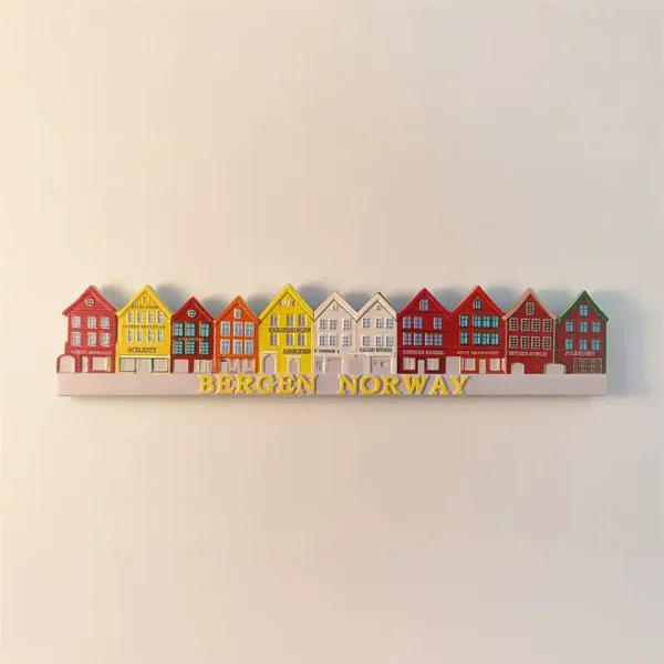 Front view of the Bergen Bryggen colorful houses 3D souvenir fridge magnet.