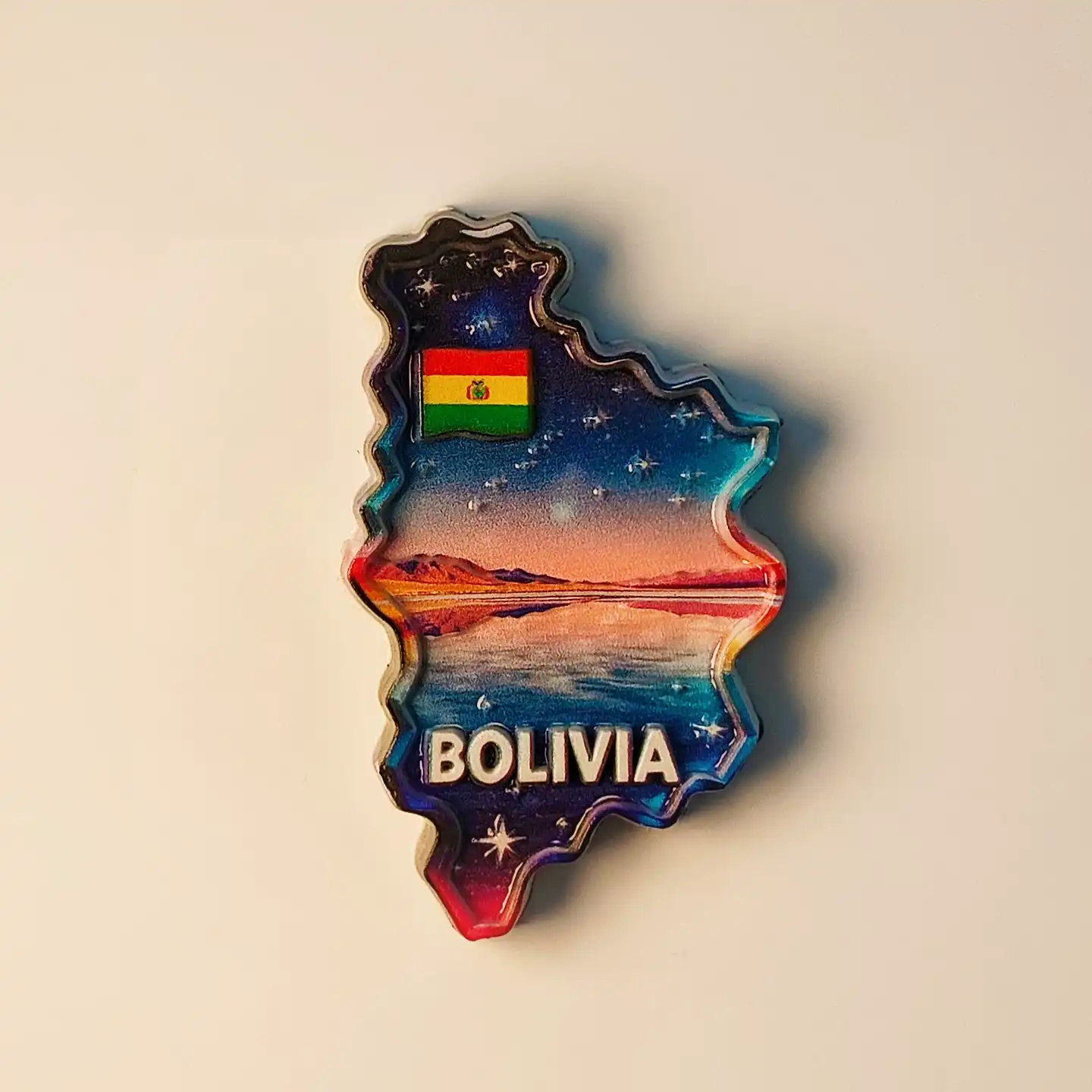 bolivia-salar-de-uyuni-mirror-of-the-sky-night-scene-fridge-magnet-front Front view of Bolivia Salar de Uyuni 'Mirror of the Sky' night scene fridge magnet, shaped like Bolivia with flag and starry reflection.