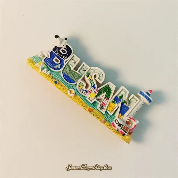 Close-up of a vibrant Busan lettering travel gift magnet, perfect for commemorating a trip to South Korea.