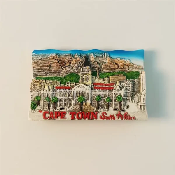Front view of the Cape Town City Hall and Table Mountain souvenir fridge magnet, showcasing detailed architecture and natural landscape.