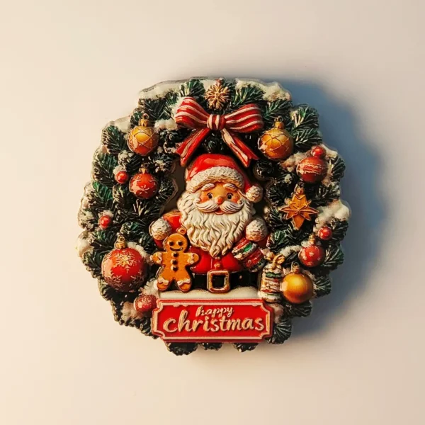 Hand-painted 3D Santa Claus Christmas wreath fridge magnet featuring a red bow and festive ornaments.