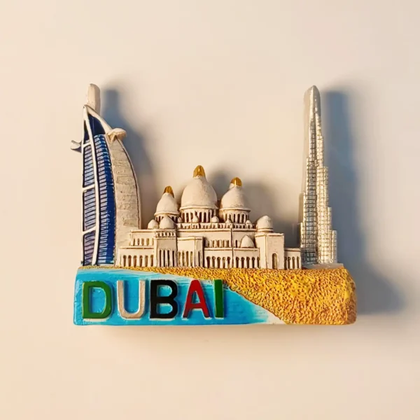 Front view of a 3D Dubai fridge magnet featuring the Burj Khalifa, Burj Al Arab, and Jumeirah Mosque.