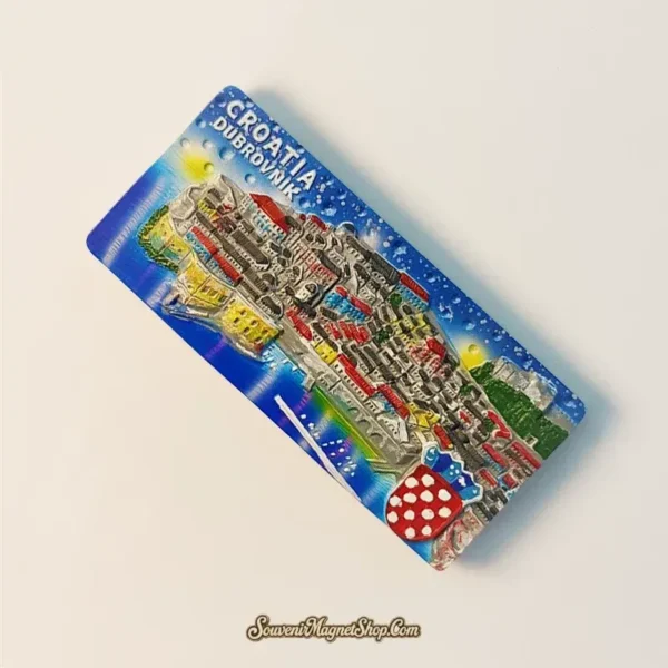 Unique Dubrovnik Old Town travel gift magnet, perfect for collectors, featuring the iconic cityscape and Croatian flag elements.